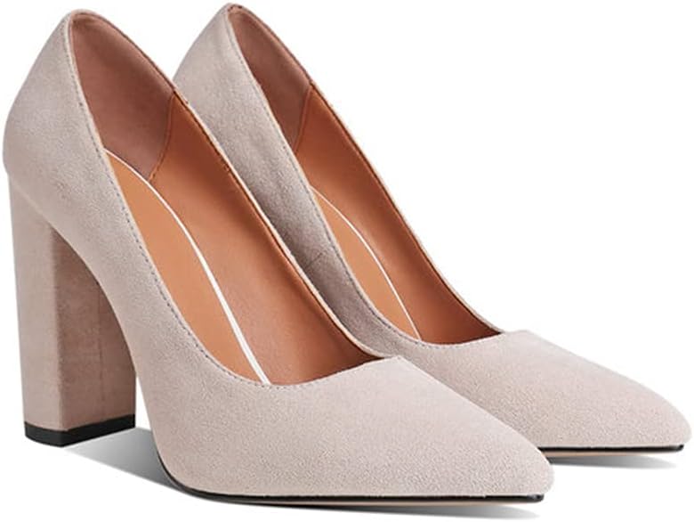 LEHOOR Women Chunky High Heel Pumps Pointed Toe Animal Print Suede Closed Toe Sandals 4 Inch Block Heel Slip On Dress Pumps Shoes Chic Office Ladies Evening Party 4-11 M US