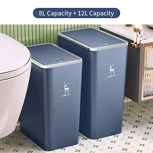 Trash Can, Plastic Garbage Can With Press Lid, 2 Pack Waste Basket For Bathroom, Kitchen, Bedroom, Garbage Bin With Push Button, Commercial Trash Bin For Office,2Gallon &3 Gallon (Navy Blue) #TOP6