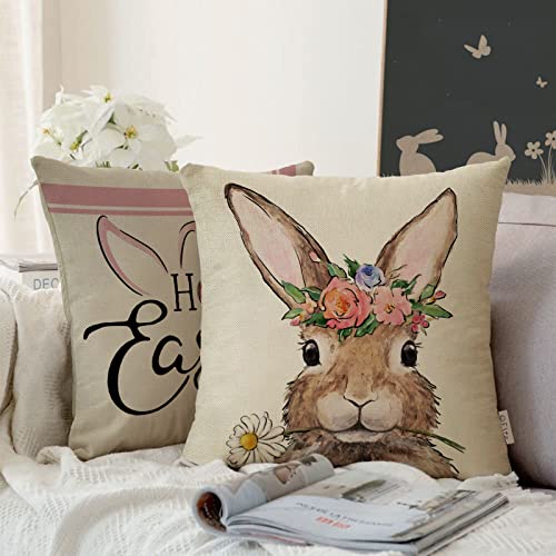 Fjfz Happy Easter Bunny Egg Decorative Throw Pillow Covers 18 X 18 Set Of 4, Hello Peeps Religious Pink Stripe Rabbit Porch Home Decor, Floral Wreath Farmhouse Outdoor Sofa Couch Cushion Case #TOP5