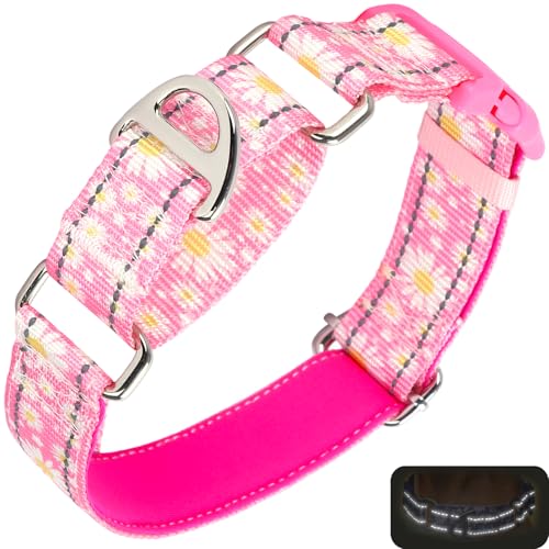 ONEFOJOJO Pink Daisy Martingale Dog Collars for Dogs, Reflective Nylon Dog Collar with Buckle Adjustable Training, Walking, Hunting No Slip Dog Collar (Medium, Daisy)