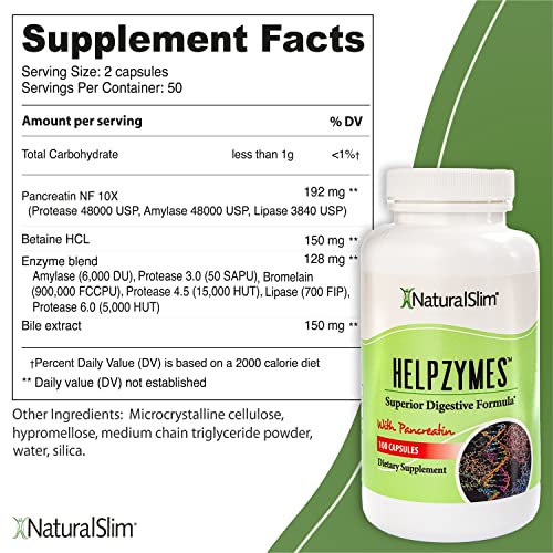 Naturalslim Helpzymes Digestive Enzymes - Superior Digestion Supplements For Gut Health, Bloating & Gas Relief - Amylase, Bromelain, Lipase, Protease & Pancreatin With Betaine Hcl - 100 Caps (3 Pack) #TOP2