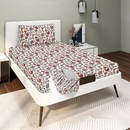 Image of RD TREND Presents Luxurious Glace Cotton Super Soft 210 TC 360 Elastic Fitted Bedsheets Single Bed Size (72 x 48 x 8 Inch) with 1 Pillow Cover Size (28 x18), Color- Beige, Floral