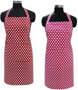AIRWILL Cotton with Polka Dot Printed Pattern Free Sized Apron - Adjustable Buckle on Top, Long Straps on Both Sides and Center Patch Pocket (Red,Pink, Pack of 2)