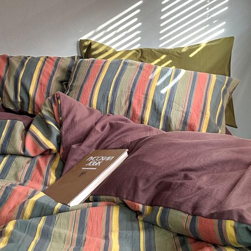 Image of mixinni Vintage Striped Duvet Cover Set Twin XL Size - 3 Piece 100% Washed Cotton Bedding Set, Soft & Breathable,Colorful Striped Pattern Printed Comforter Cover for All Seasons