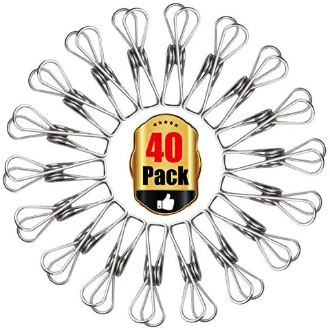 Clothespin 2.2” Pin, 40 Pack Stainless Steel Wire Clip Hook for Socks Towel Bag Scarfs Hang Drying Rack Tool, Laundry Kitchen Cord Wire Line Clothespins Pegs, File Paper Bookmark Binder Metal Clip Cover