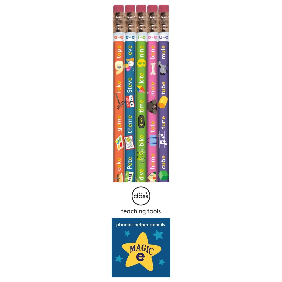 Magic E Phonics Pencils - długa samogłoska ciche narzędzie do nauki E dla dzieci, wizualna pomoc foniczna do pisowni i czytania, idealne do klasy, szkoły domowej, ćwiczenia czytania i pisania, zestaw