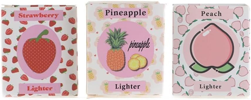 RR Fruits Shaped Lighter, Refillable Butane Gas, Adjustable Flame, Zinc Alloy, Whimsical, Red Pink Yellow, 3pc Set
