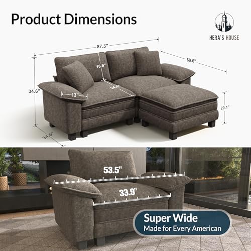 Image of HERA'S HOUSE 3-Seat L Shaped Modular Cloud Couch Sectional Sofa Ottoman | Modern 87.5 inch Couch, Smoky Grey, Wider Armrest, Comfy Deep Seat, Soft Chenille Sofa for Living Room