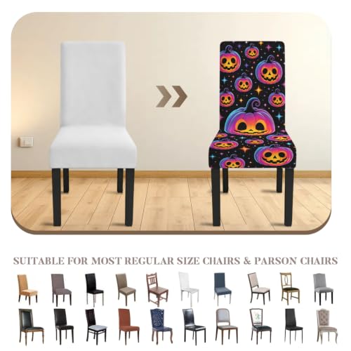 Image of Halloween Neon Pumpkin Dining Chair Covers Set of 4 Slipcover