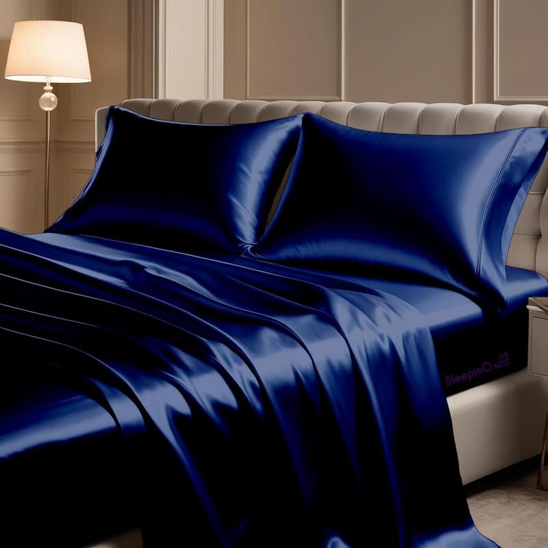 Image of Premium Satin Double Bed (90x100 Inchs) with 2 Pillow Cover Bedsheet Ultra Soft & Silky Smooth, Breathable Cooling Fabric, Luxury Glossy Finish|Navy Blue