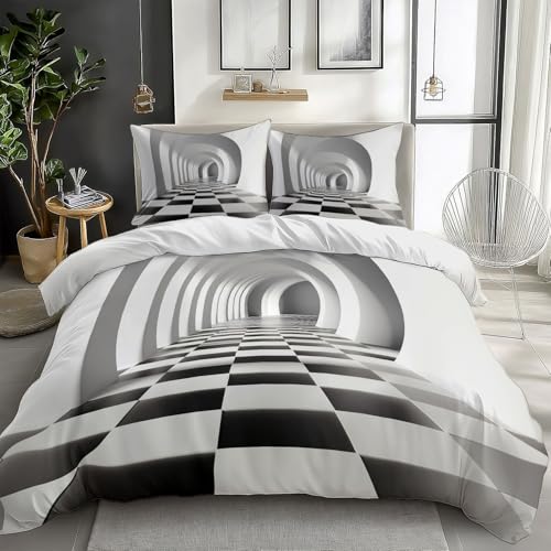 Black and White Bedding Sets Optical Illusion Tunnel Print Duvet Cover Set, Comforter Cover Full Size Soft Breathable Reversible 3-Piece Bedding for Kids Teens
