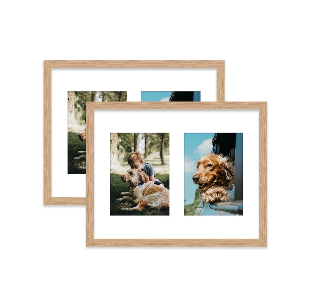 Oak Multi Photo Frame - Holds 2 x 7x5 Pictures, Family Collage Picture Frame for Wall Display, 14x11 Frame size, Set of 2