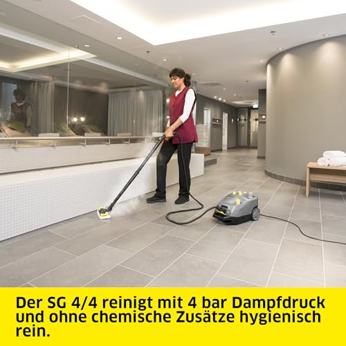 Kärcher Dampfreiniger SG 4/4, Dampfdruck: 4 bar, Tank: 2,4 l Kesselinhalt + 2,0 l Tank, Handdüse mit Bürste, 2 Dampfrohre, 2,0 m Dampfschlauch, 2 Bodendüsen, Frottee-Überzug, Aufsätze für Handdüse
