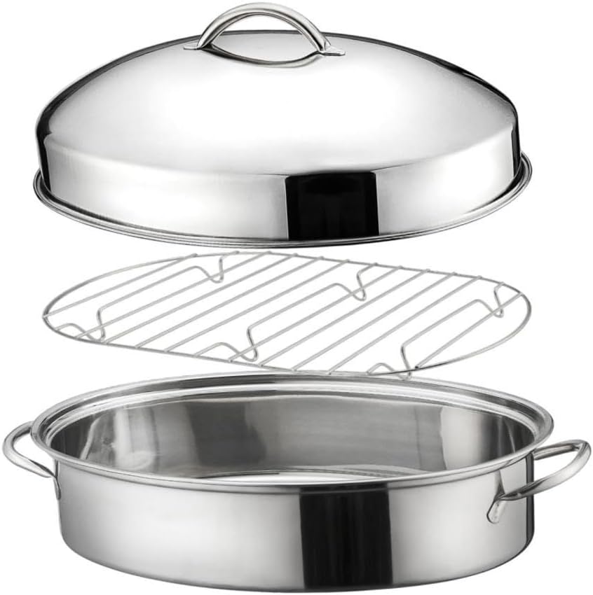 Fish Poacher Roasting Pan 16in with Lid Multiuse Cookware Comfortable Grip Oval Cookware Roaster Potatoes Eggs Coarse Grains, A