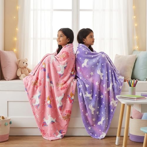 Image of Famyo Glow in The Dark Kids Flannel Fleece Blanket Combo 200x152 cm | Soft warm machine washable blanket, purple & pink, ideal for boys & girls, cozy double bed throw