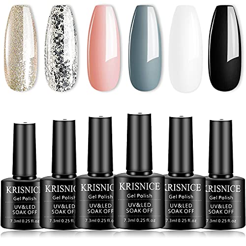 KRISNICE Gel Nail Polish Kit- 6 Colors White Golden Silvery Blue Pink Black Glitter Sparkle Gel Polish Set Glitter Nail