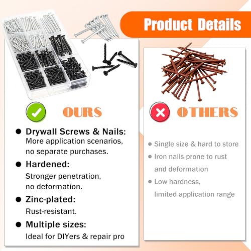 Image of Dianrui Nails & Wood Screws Assortment Kit, 320 PCS #6#8 Philips Black Drywall Screws Set and High Hardness Hardware Small Nails for Picture Hanging /DIY Repair Project Length 1 /2 inch to 2 inch