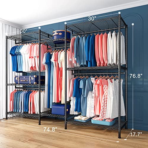 Raybee Clothes Rack Heavy Duty Clothing Racks For Hanging Clothes 830 Lbs Metal Clothes Racks For Hanging Clothes Heavy Duty Freestanding Closet Garment Rack74.8”Wx17.7”Dx76.8”H Black #TOP4