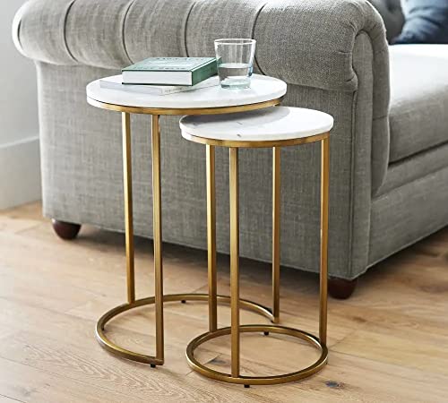Image of Brown Arts Shoppee Round Nesting Tables Simple Modern Small Round Table MDF Top Metal Table Living Room Sofa Set of 2 (Golden & White)