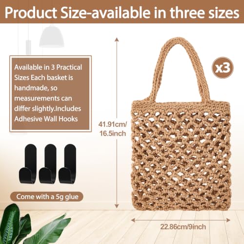 Image of Honeydak 3 Hanging Baskets, Light Linen, Mesh, Cotton Rope