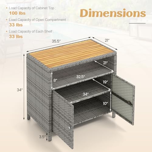 Image of Tangkula Rattan Outdoor Storage Cabinet, Patiojoy Outdoor Cabinet with Acacia Wood Countertop, Open Compartment, 2-Door Wicker Sideboard, Outdoor Bar for Patio Garden Backyard Poolside (Mix Grey)