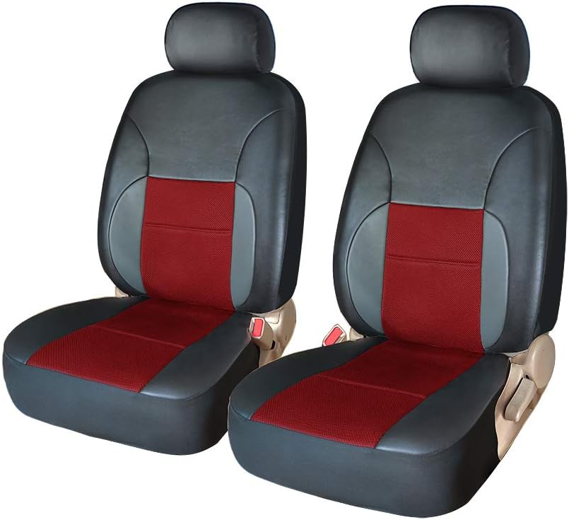 Car Seat Covers Full Set - Luxurious Leather Auto Front Rear Headrest Seat Protectors - Fits Most Car Truck Van SUV, 2 Front Seat Covers, Red