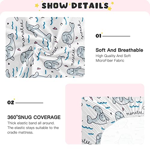 Image of Sea Manatee Valentines Crib Sheets Soft Breathable Fitted Baby Playard Sheets Mattress Cover for Girl Boys, 39 inch x 27 inch x 5 inch