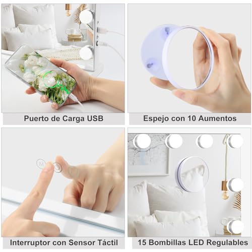 Miniatura 6 de Dripex Espejo Maquillaje Con Luz Grande, 58 X 46 Cm, 15 Bombillas Led, Dimmables 3 Colores De Luz, Con Espejo De Aumento 10x, Puerto Usb Para Cargar