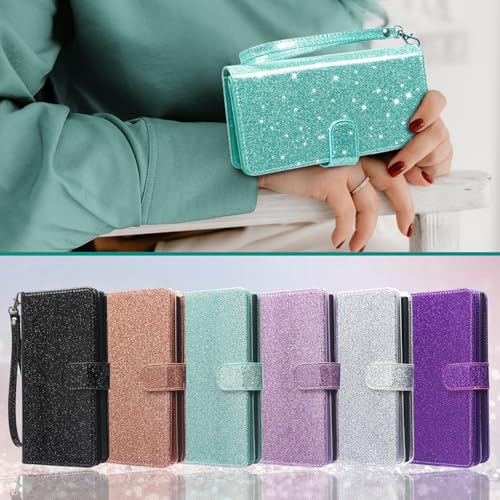 Varikke for iPhone 13 Wallet Case Detachable with 9-Card Holder for Women, Fashion Glitter PU Leather Wrist Strap Strong Magnetic Flip Wallet Removable Phone Case Cover for iPhone 13 6.1", Mint Green by Varikke - Image 9