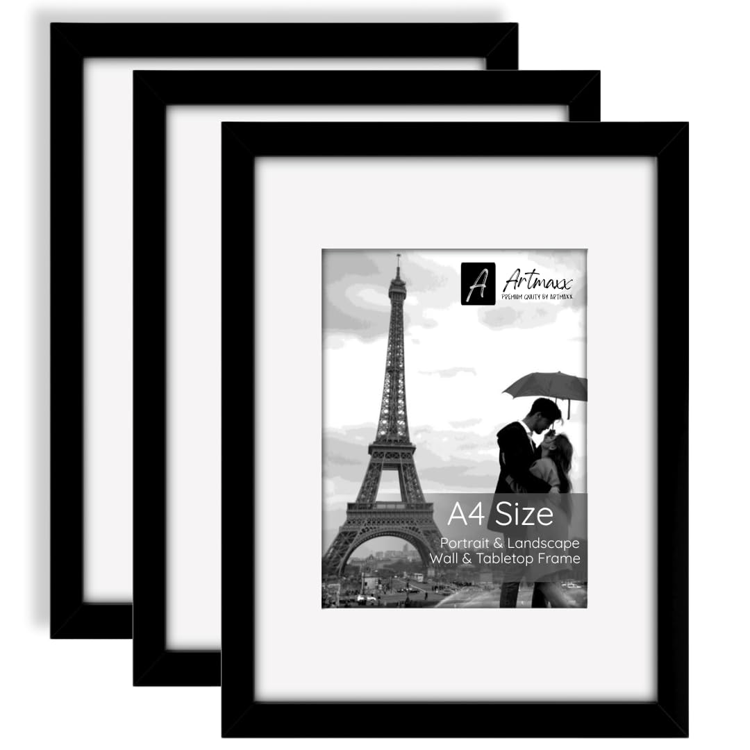 3 Pack A4 Black Picture Frames – Display Landscape or Portrait – Wall Mount or Tabletop – Acrylic Glass Front – Modern Photo Frame Set for Home, Office & Gallery Décor