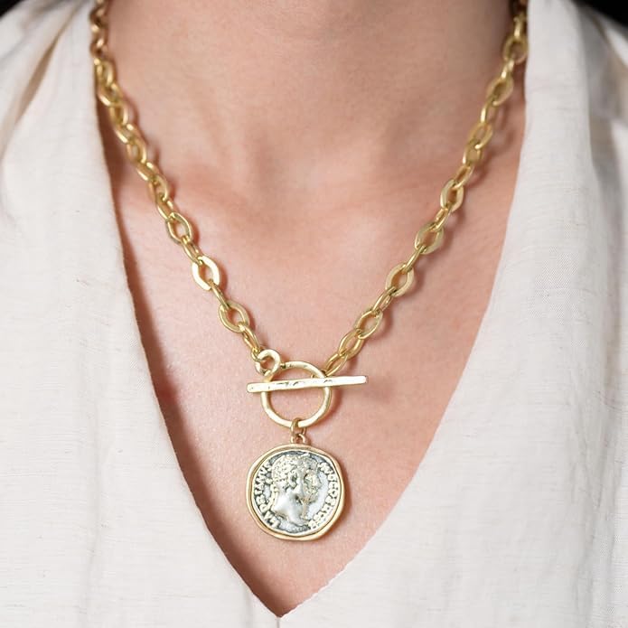 Chunky Gold Plated Coin Necklace For Women Silver and Gold Chain Pendant Necklace Antique Toggle Thick Link Fashion Jewelry Gift - Image 5