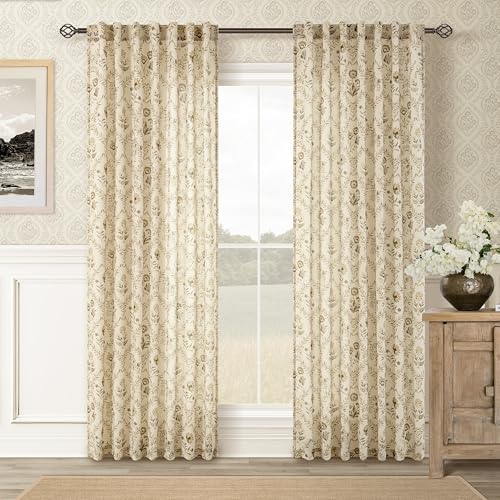 Image of Tan Brown Floral Linen Curtains 84 Inch Length for Living Room 2 Panels | Semi Sheer, Summer, Farmhouse, Back Tab, Patterned Flower on Beige, Boho, Vintage, Rustic Botanical Window Drapes
