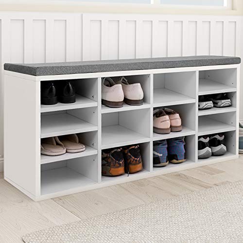 BTM Wooden Shoe Bench Storage Shoe Cabinet Rack Hallway Cupboard Organizer with Seat Cushion 104 x 30 x 48 cm(W x D x H) (White,14-Grids)