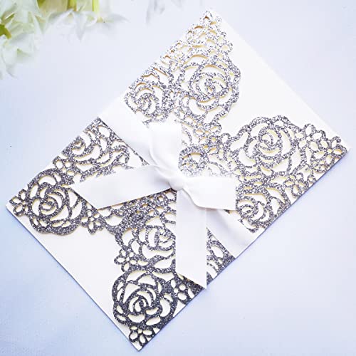 FASTERCY 50PCS 5“x 7.28” Wedding Invitations Cards BLANK Laser Cut Rose Flowers with Ivory Ribbon and Envelopes for Qinceanera Engagement Birthday Bridal Shower Party Card (Silver Glitter) by FASTERCY - Image 3