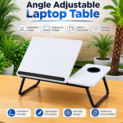 Image of Ant Esports Bravo LT200 Adjustable Foldable Laptop Table for Bed with Side Tray, Cup Holder & Stopper, Portable Work from Home Desk, Wooden Study Desk for Reading & Gaming, 56 x 32.5 x 23 cm, White