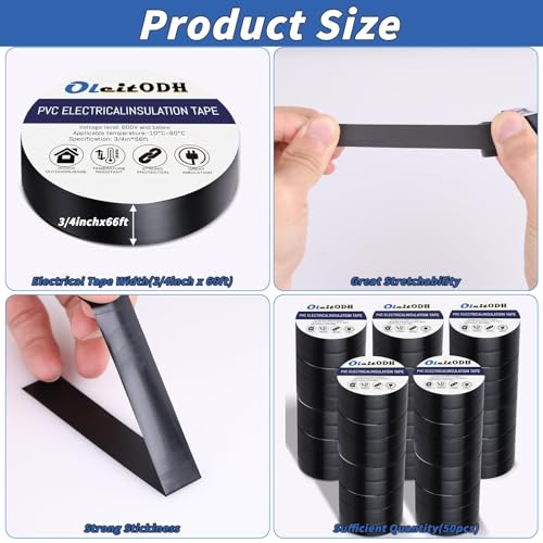 Image of Oleitodh 50 Pack Black Electrical Tape 3 /4 in x 66 ft Waterproof Vinyl Electrical Insulating Tape High Temperature Resistance Electric Tape Under 600V Home Outdoor Multipurpose