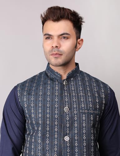 Image of Men's Cotton Silk Blend Regular Kurta Pyjama, Embroidered Nehru Jacket /Waistcoat Set