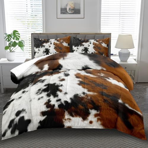 llyxsesty Western Comforter Set King,Cow Print Bedding Set Brown,Western Bedding King,Farmhouse Quilt for Teen,Black Brown Bedroom Decor Boys,Farmhouse Decor for Bed