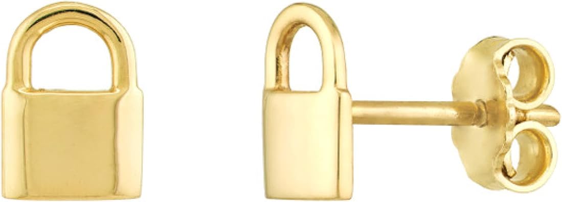 JEWELHEART 14K Solid Gold Stud Earrings - Dainty Yellow Padlock Earrings - Minimalist Small Gold Studs For Women