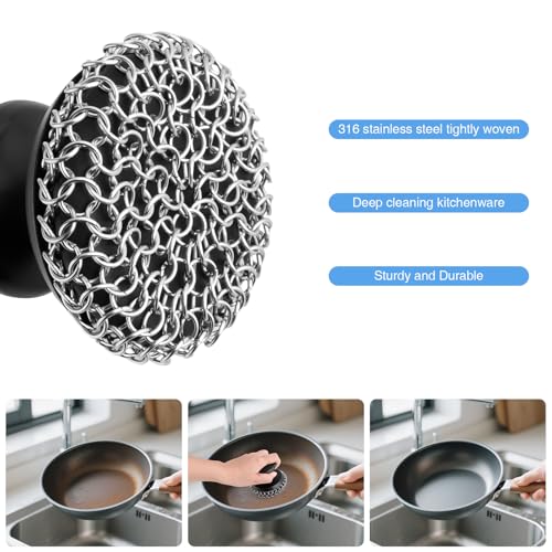 Image of Cast Iron Scrubber Cleaner, Chainmail Scrubber for Cast Iron Pan Skillet, Dish Scouring Pad, 316 Stainless Steel Brush /Scraper for Metal Skillet Scrubbing, Wok, Dutch Oven Cleaning Kit - Thick Mesh