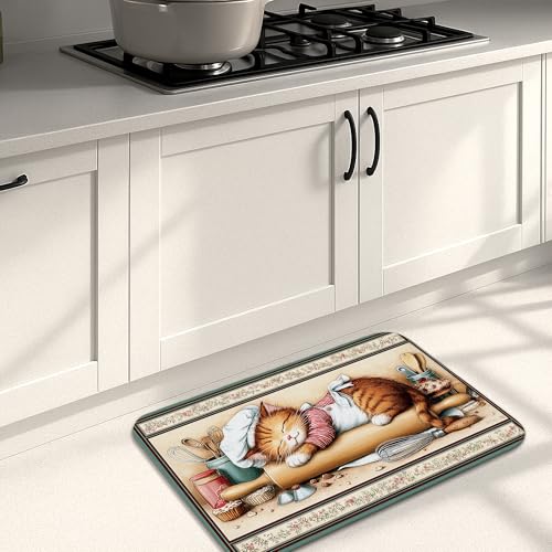 Cartoon Cat Kitchen Mats for Floor, Fanciful Sleeping Kitty Design,