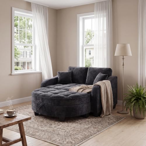 Image of ERYE Chenille Tufted Loveseat Sofa and Ottoman Set, Tufted Recliner Sleeper Chaise Lounge with Curved Storage Ottoman,Reclining Backrest and Side Pockets, 4 Pillows
