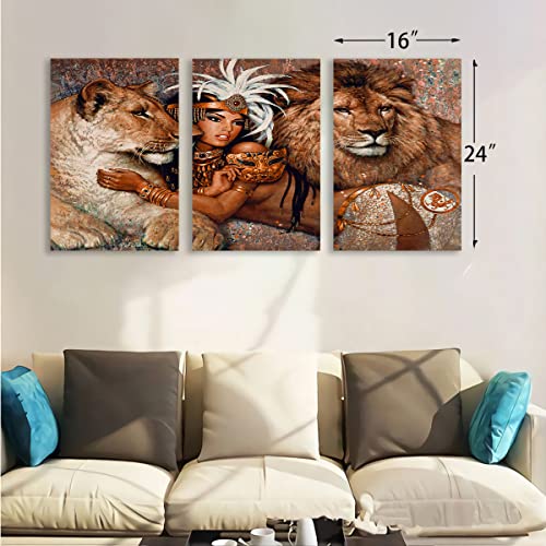 Large Wall Art Lion And African Woman Portrait Wall Art Painting Pictures Print 3 Pieces Canvas Animal For Bedroom Living Room Office Wall Decor Home Decoration Framed Ready To Hang - 16''X24'', 3 Panel #TOP5