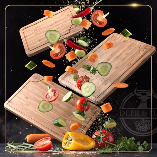 Deer & Oak Set de 3 tabla cortar cocina bambú con asas y ranuras, tabla de cortar madera pre-aceitada, tablas de cocina 33x24 28x20 22x15 cm, chopping board ecológica - imagen 6