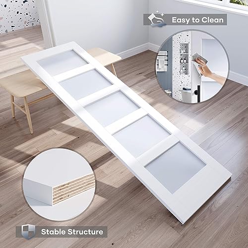 ROYMELO 36x84 Inch Glass Sliding Barn Door Only, 5-Panel Frosted Glass, LVL Wood Panel Covered with White Water-Proof Scratch-Proof PVC Surface, Easy to Clean, Simple DIY Assembly