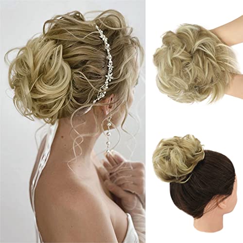 Barsdar Messy Bun Hair Piece, Messy Curly Wavy Hair Buns Hair Piece Synthetic Chignon Updo Hair Bun Extension Hairpiece For Women(16H613#-Light Ash Brown & Bleach Blonde) #TOP7