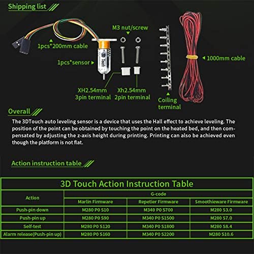 Diagram showing the components included in the 3D Touch Auto Leveling Sensor Kit: 3D Touch sensor, 200mm cable, 1000mm cable, M3 nuts/screws, XH2.54mm 3-pin terminal, XH2.54mm 2-pin terminal, and coiling terminal.