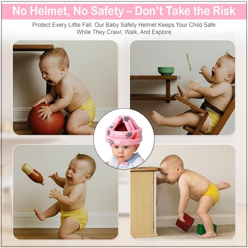 Image of GLUN Baby Head Safety Helmet, Pack of 1 Pink Printed Colour, Lightweight & Breathable Safety Head Protector Helmet, Crawling, Soft Cushion Safety Headguard, 6-12 Months Cushion Bumper