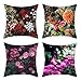 Lieson Zestaw 4 poszewek na poduszkę, 18 x 18 poszewka na poduszkę nowoczesna poszewka na poduszkę dekoracyjna fuksja czerwona zielona 45 x 45 cm różne kwiaty, poliester