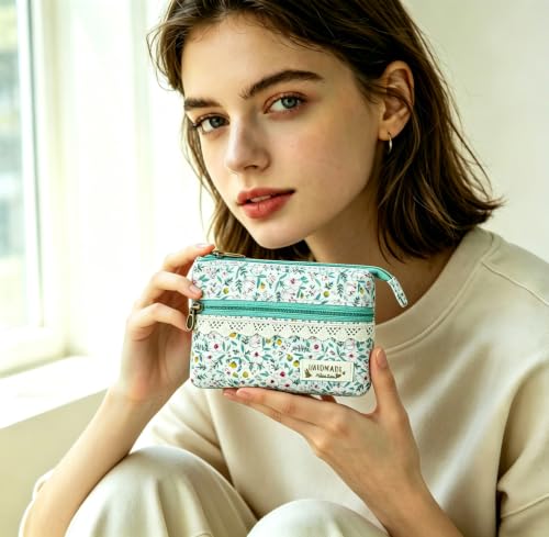 Image of Women Small Zipper Coin Purse, Handmade Fabric Flower Embroidered Change Pouch, Cotton Double Zipper Wallet